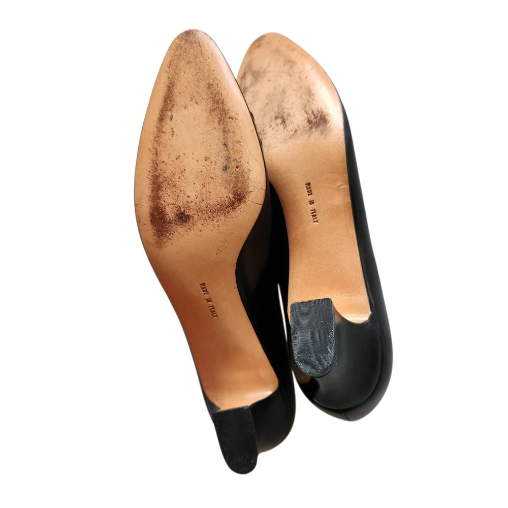 Salvatore Ferragamo Black Leather Bow Pumps Kitten Heels Shoes 8.5 AAAA Narrow